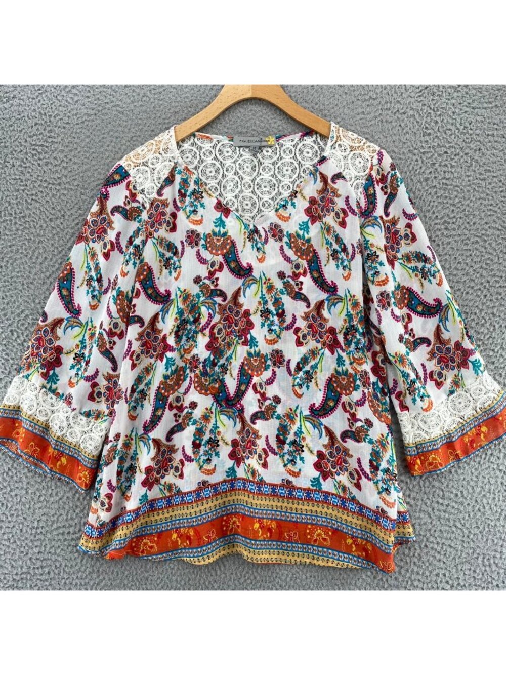 Figueroa & Flower Top Women Medium White Multi Floral Paisley Tunic Blouse Lace*